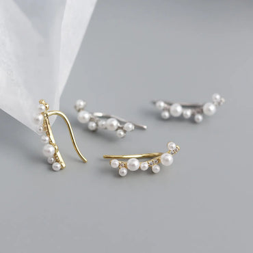 Yhe0326 S925 Silver Geometric Imitation Pearl Diamond Branch Ear Clip Earrings